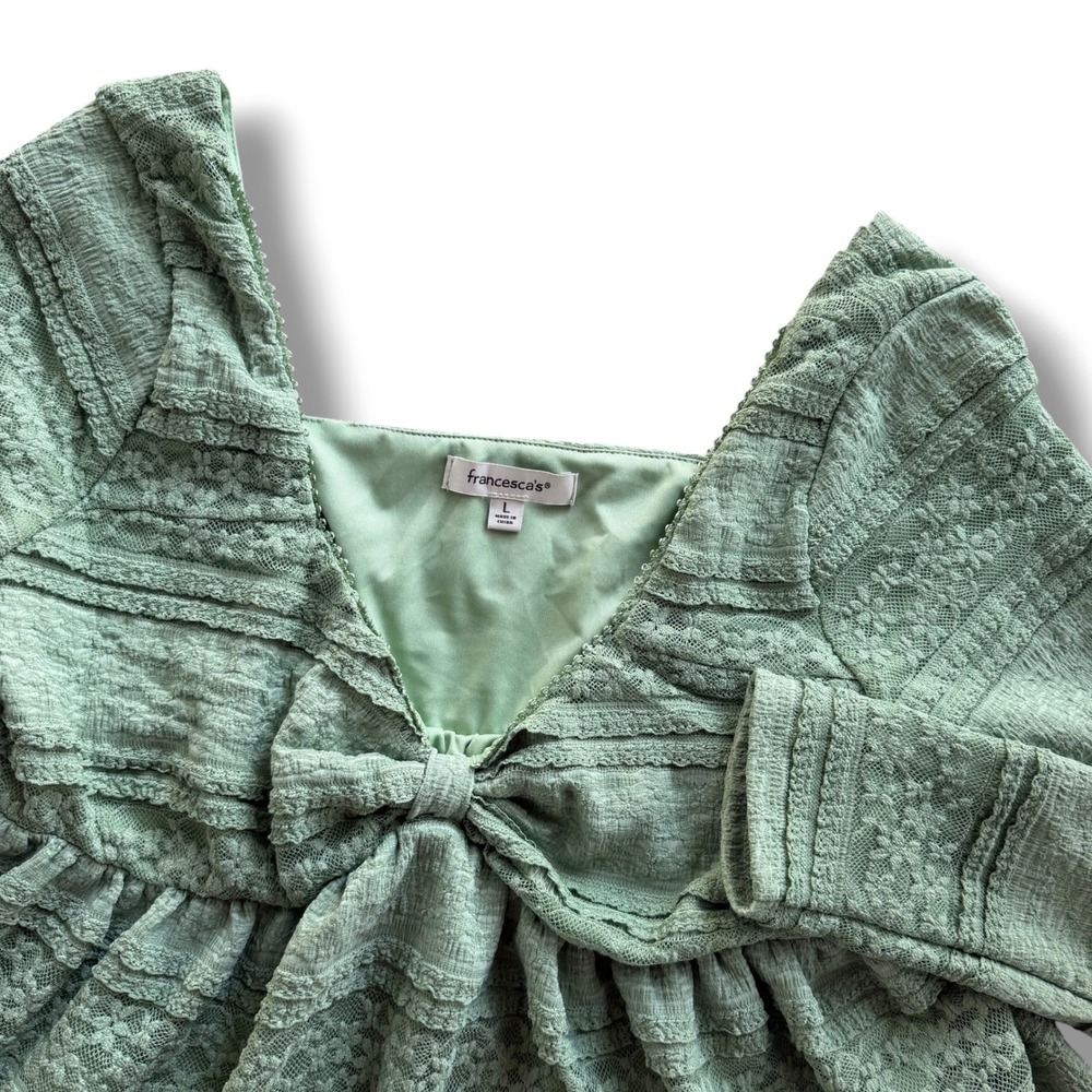 Francesca's Women L Sage Green Floral Lace Bow Peplum LongSleeve Top Cottagecore